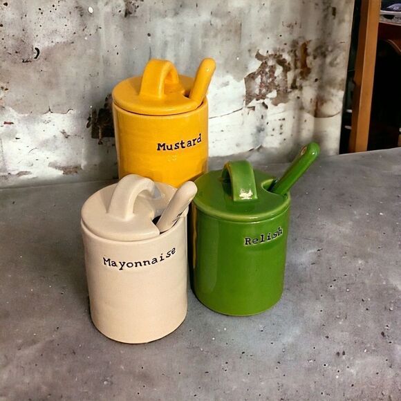 Pottery Barn 9 pc Ceramic BBQ Condiment Jars Spoons Mayonnaisemustard Relish - Picture 1 of 7